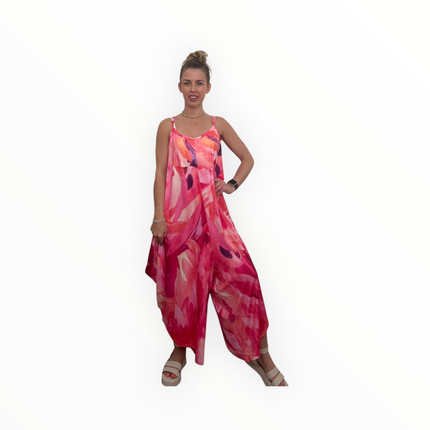 Pink Orange Floral Strappy Jumpsuit