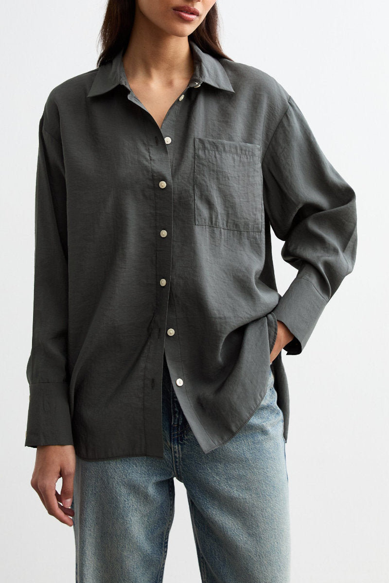 Ex New Look Textured Long Sleeve Pocket Shirt Grey