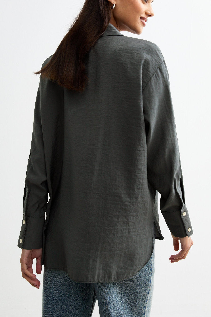 Ex New Look Textured Long Sleeve Pocket Shirt Grey