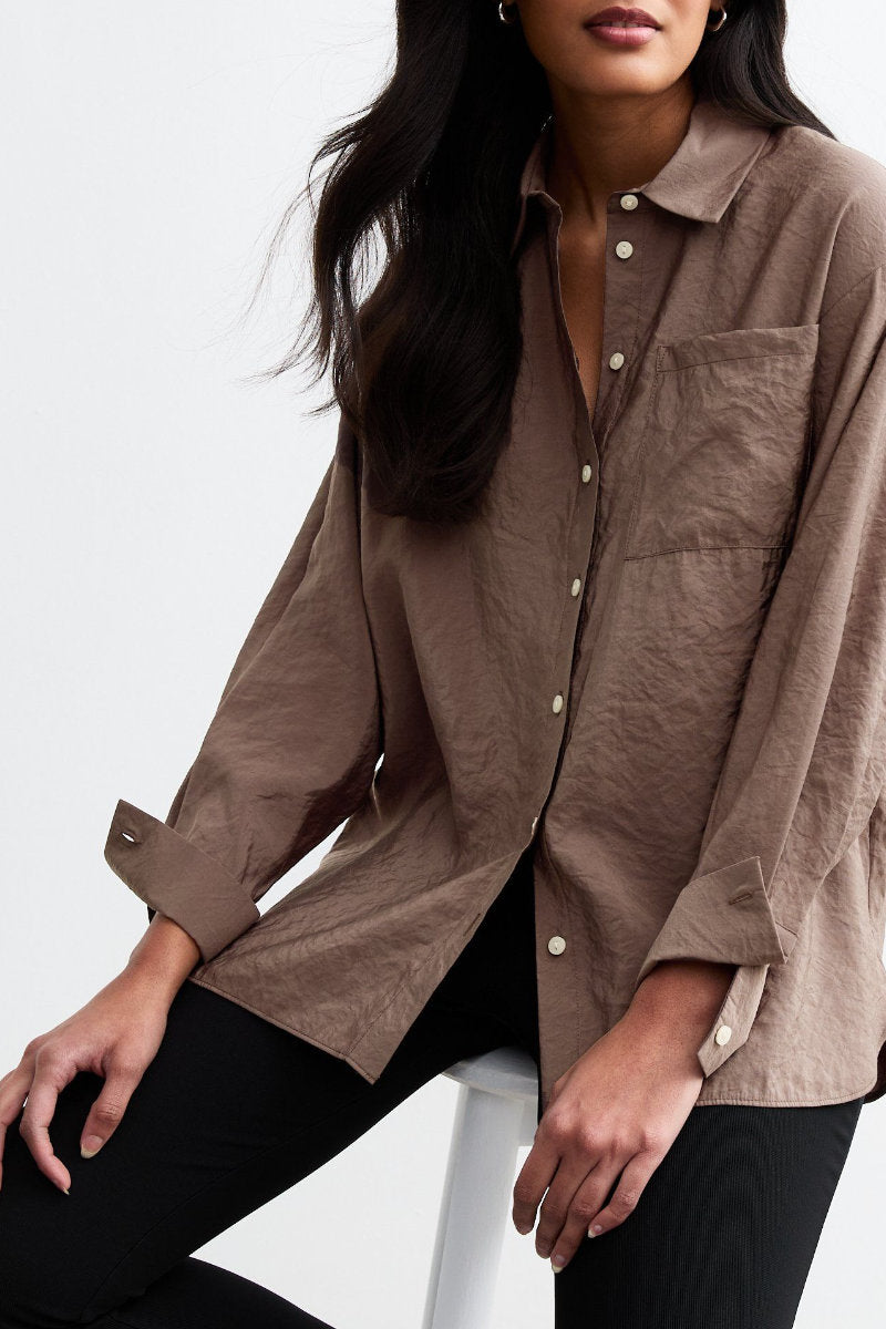 Ex New Look Textured Long Sleeve Pocket Shirt Dark Brown