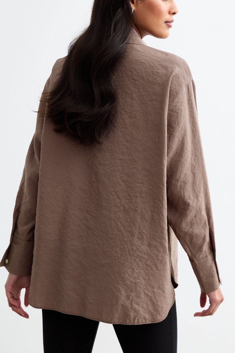 Ex New Look Textured Long Sleeve Pocket Shirt Dark Brown