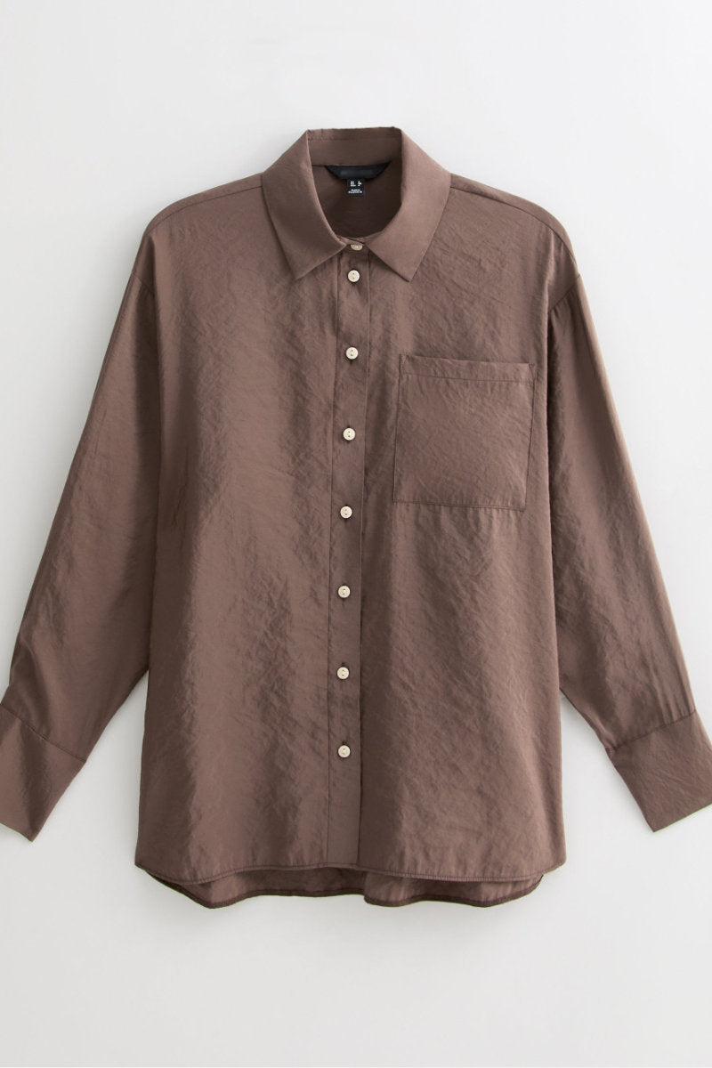 Ex New Look Textured Long Sleeve Pocket Shirt Dark Brown