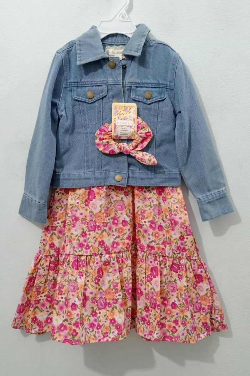 Girls Floral Red Dress, Denim Jacket & Matching Scrunchie Set (3-Piece)