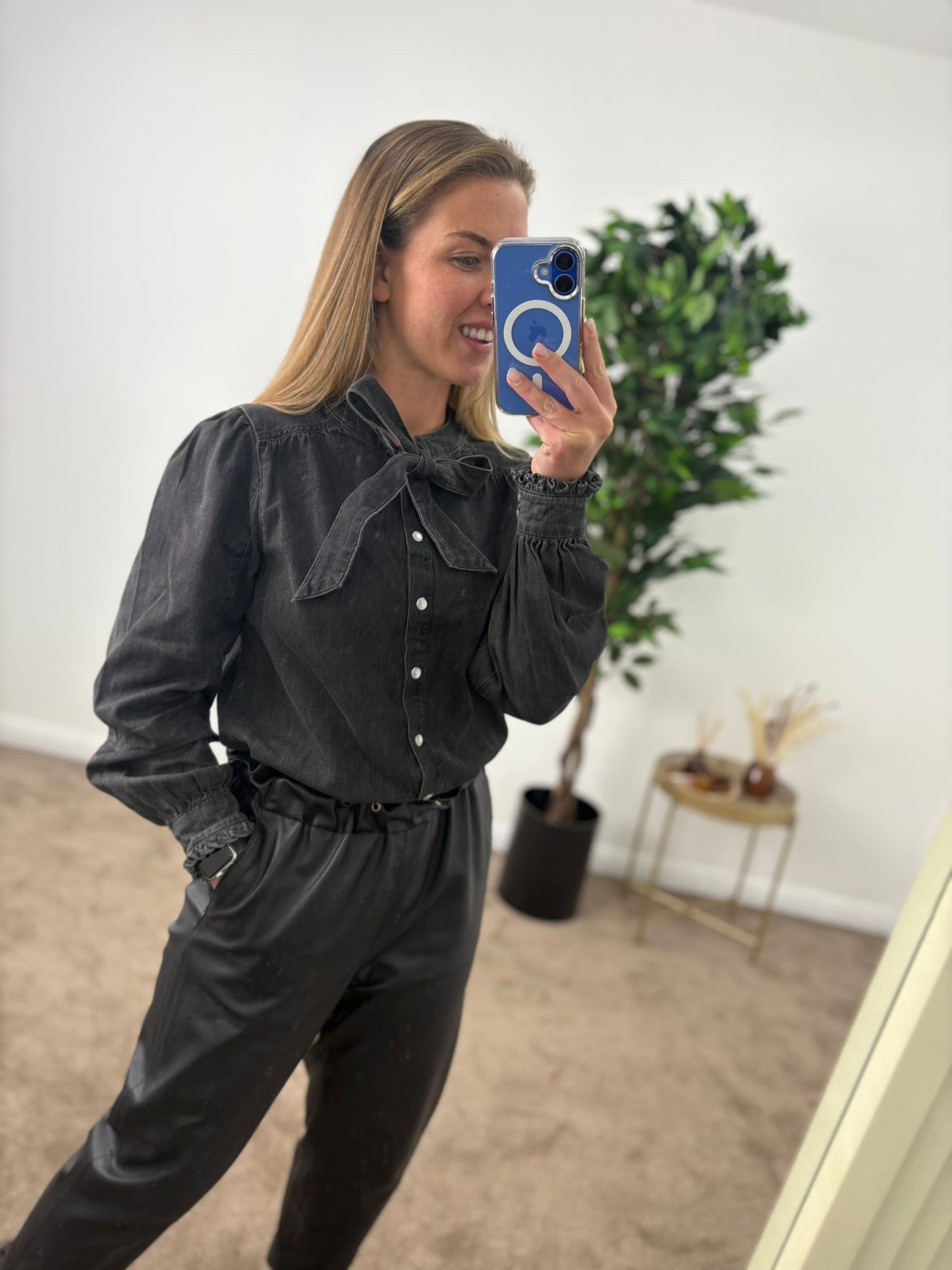 EX-TU Black Denim Bow Shirt