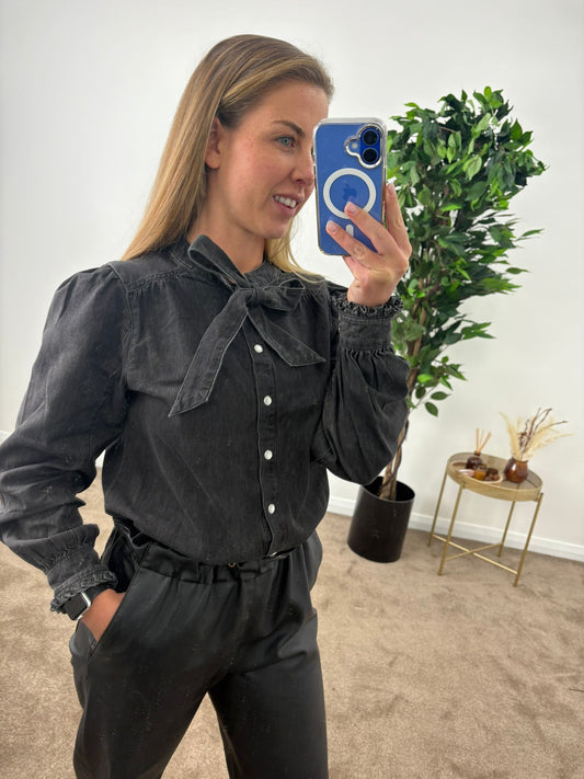 EX-TU Black Denim Bow Shirt