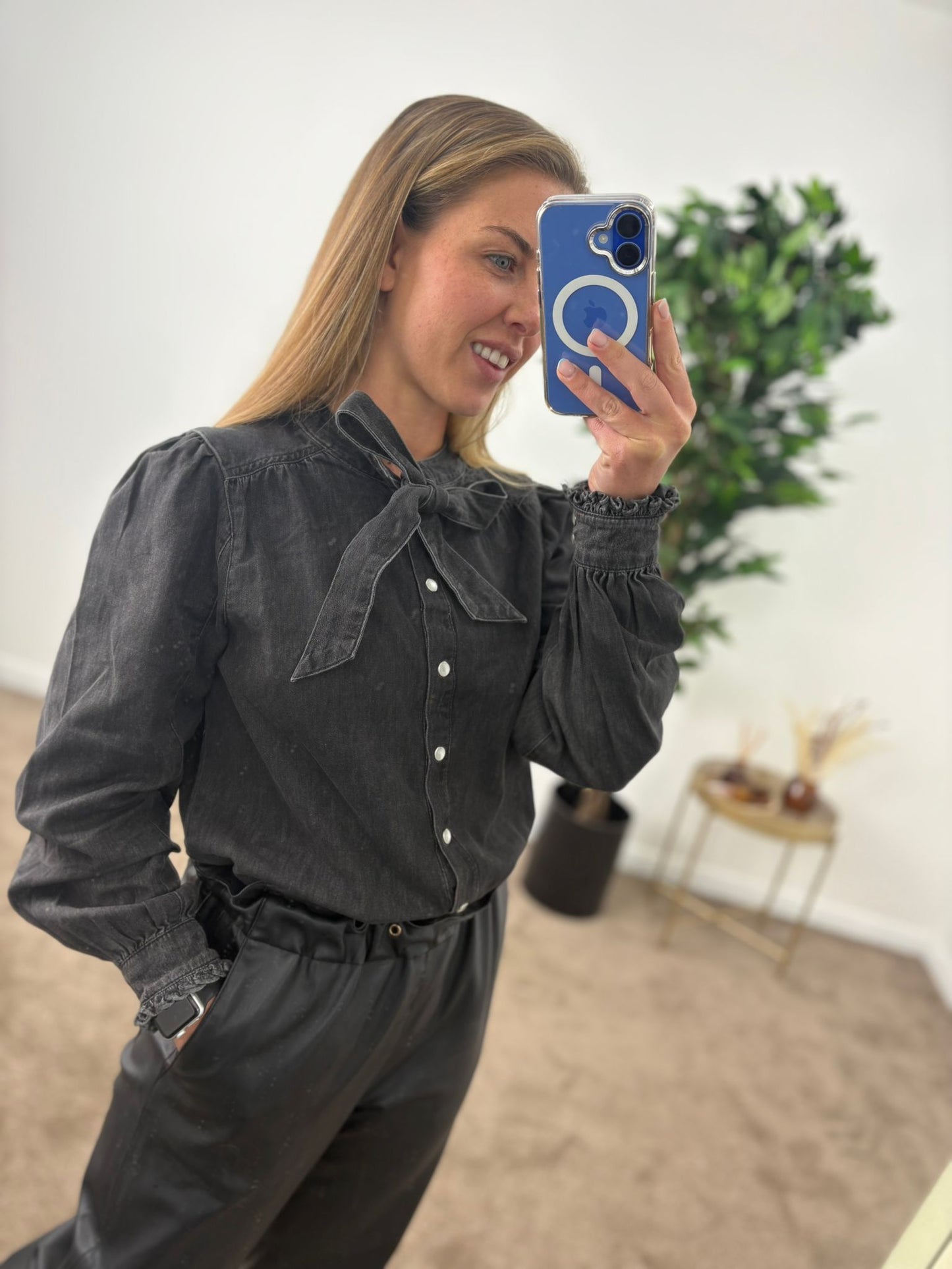 EX-TU Black Denim Bow Shirt