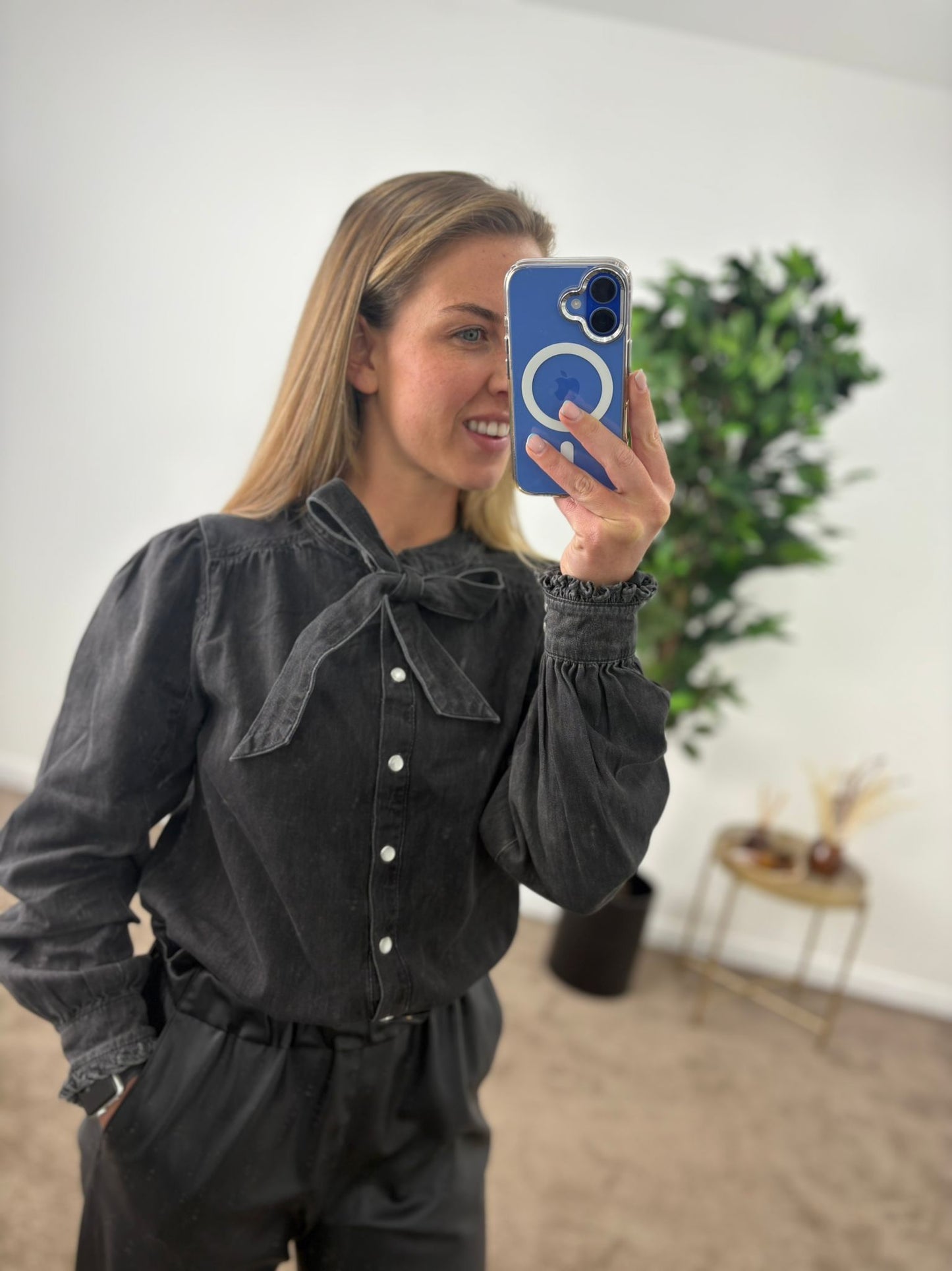 EX-TU Black Denim Bow Shirt