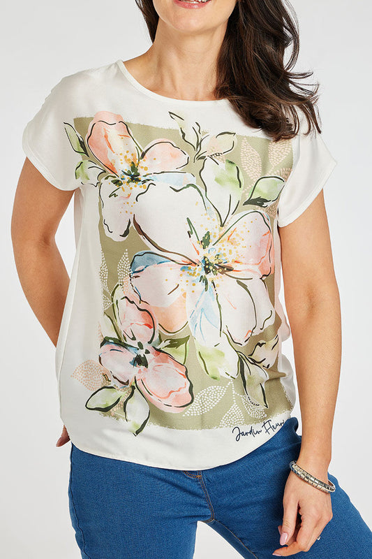 Ladies Cream & Green Silky Print Front Top