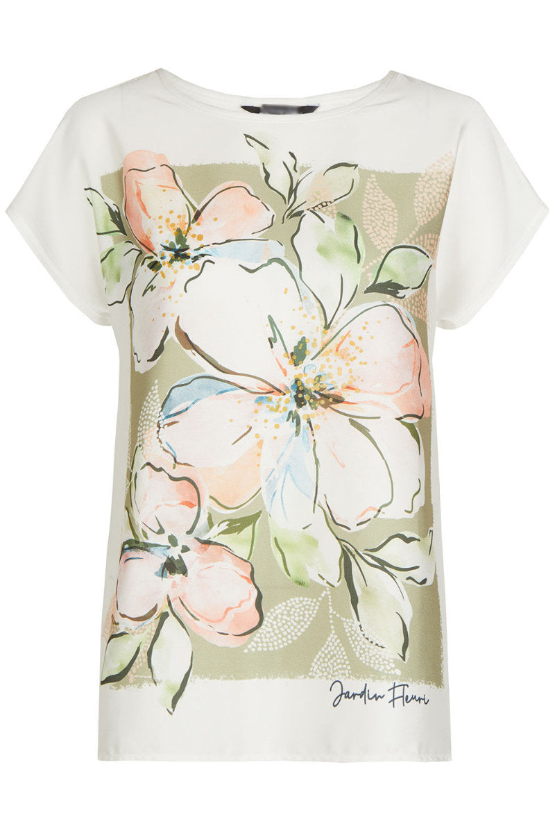 Ladies Cream & Green Silky Print Front Top