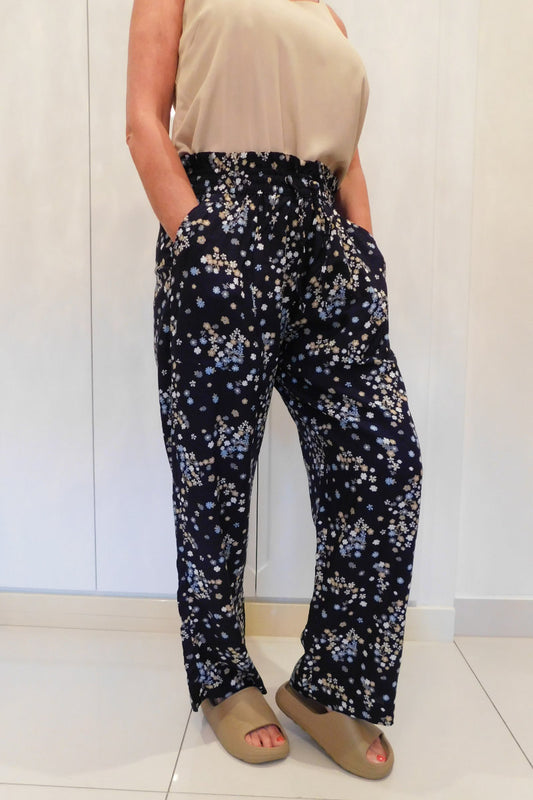 Famous Store Ladies Linen Blend Wide Leg Blue Floral Print Trousers