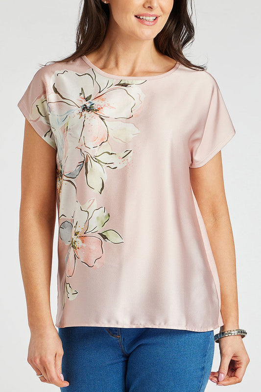 Ladies Nude Silky Print Floral Front Top