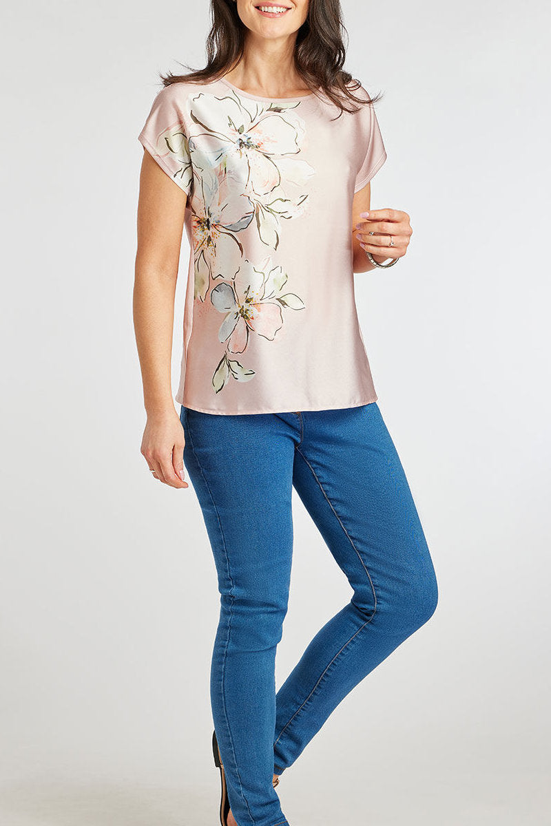 Ladies Nude Silky Print Floral Front Top