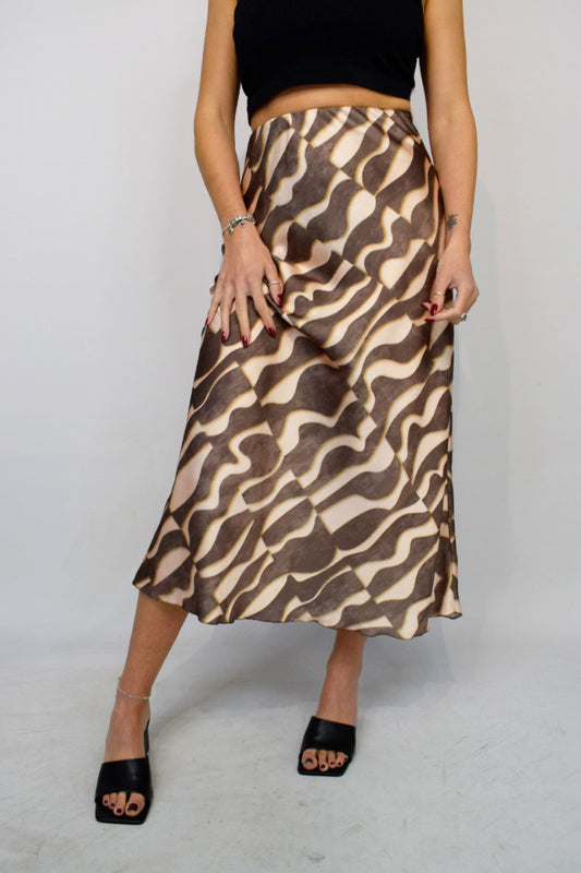 Boutique Collection Ladies Geometric Camel Printed Italian Satin Skirt