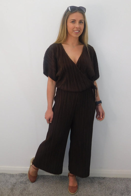 Ladies Crinkle Pleated Cropped Jumpsuit Brown