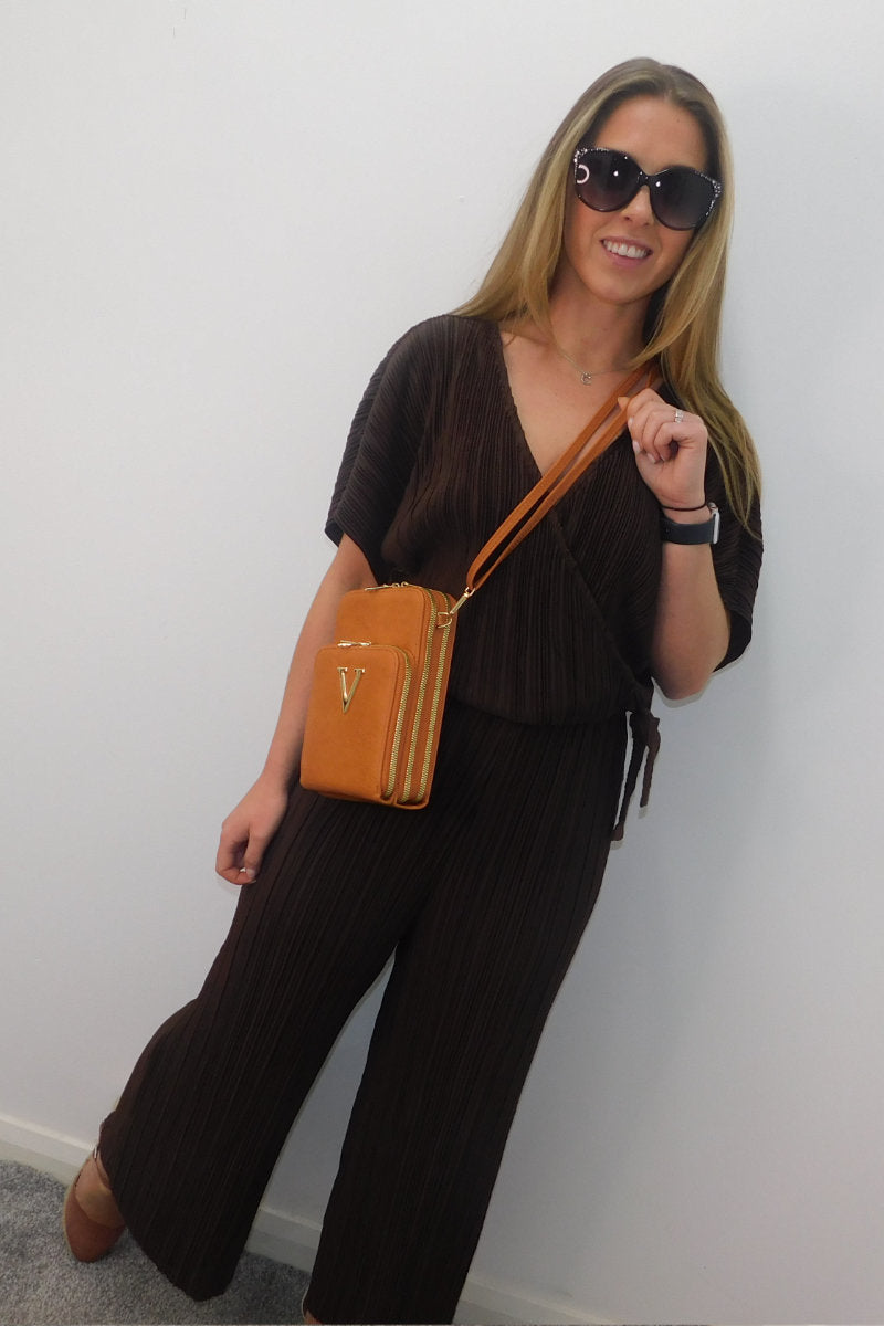 Ladies Crinkle Pleated Cropped Jumpsuit Brown