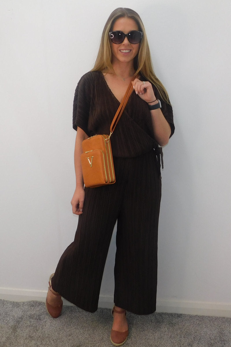 Ladies Crinkle Pleated Cropped Jumpsuit Brown