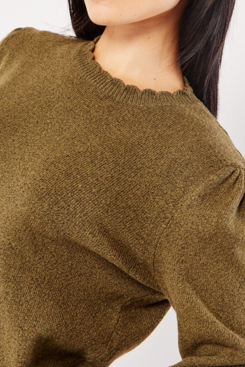 Ladies Scallop Neck Knit Top Khaki