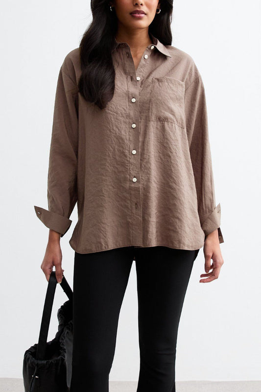 Ex New Look Textured Long Sleeve Pocket Shirt Dark Brown