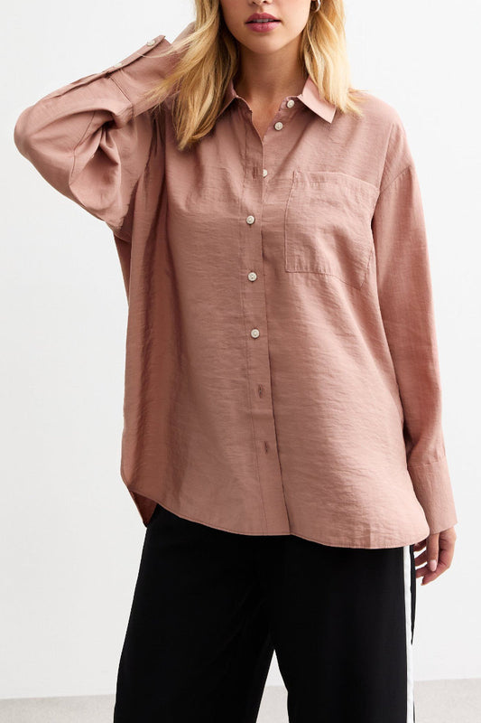 Ex New Look Textured Long Sleeve Pocket Shirt Pink