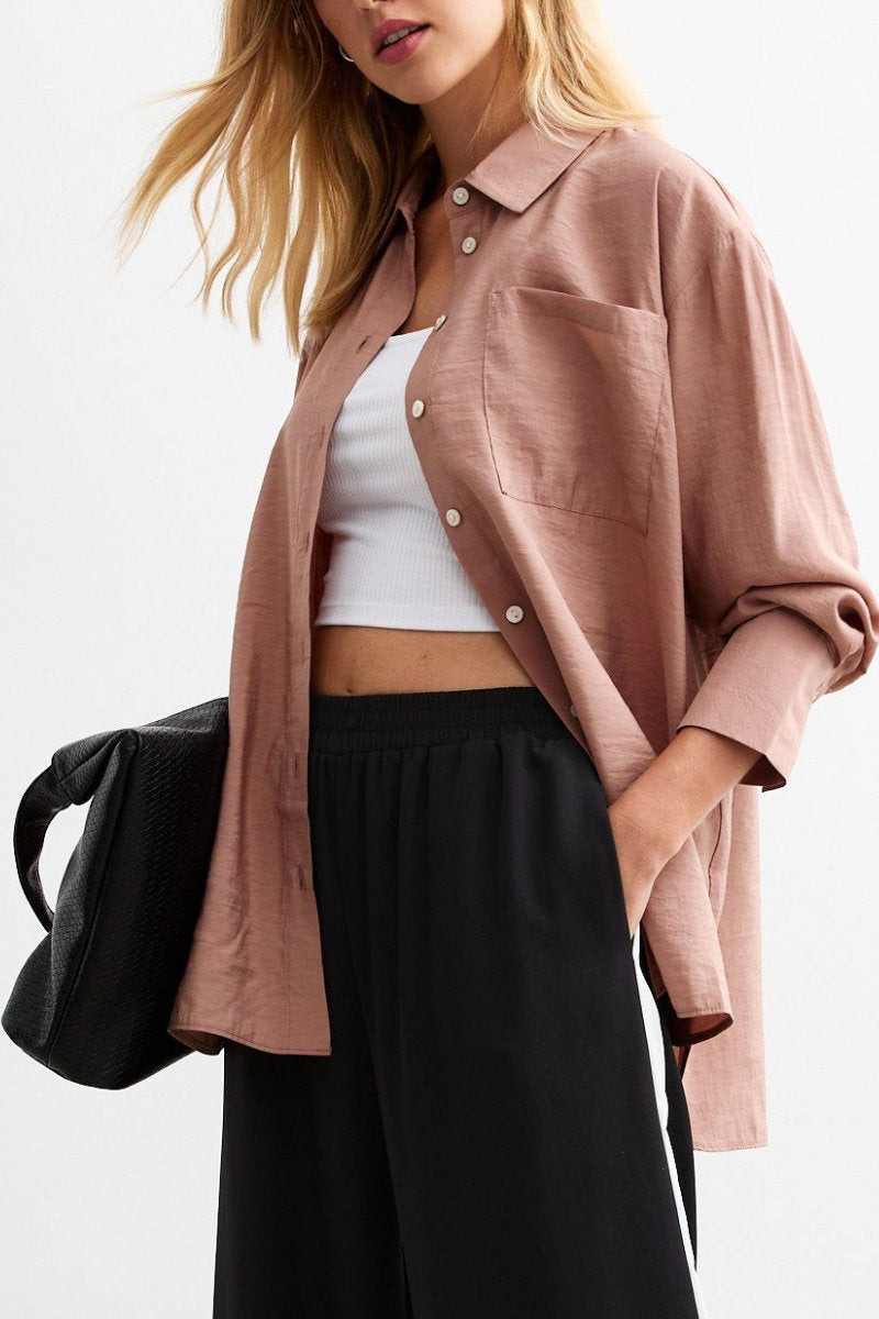 Ex New Look Textured Long Sleeve Pocket Shirt Pink