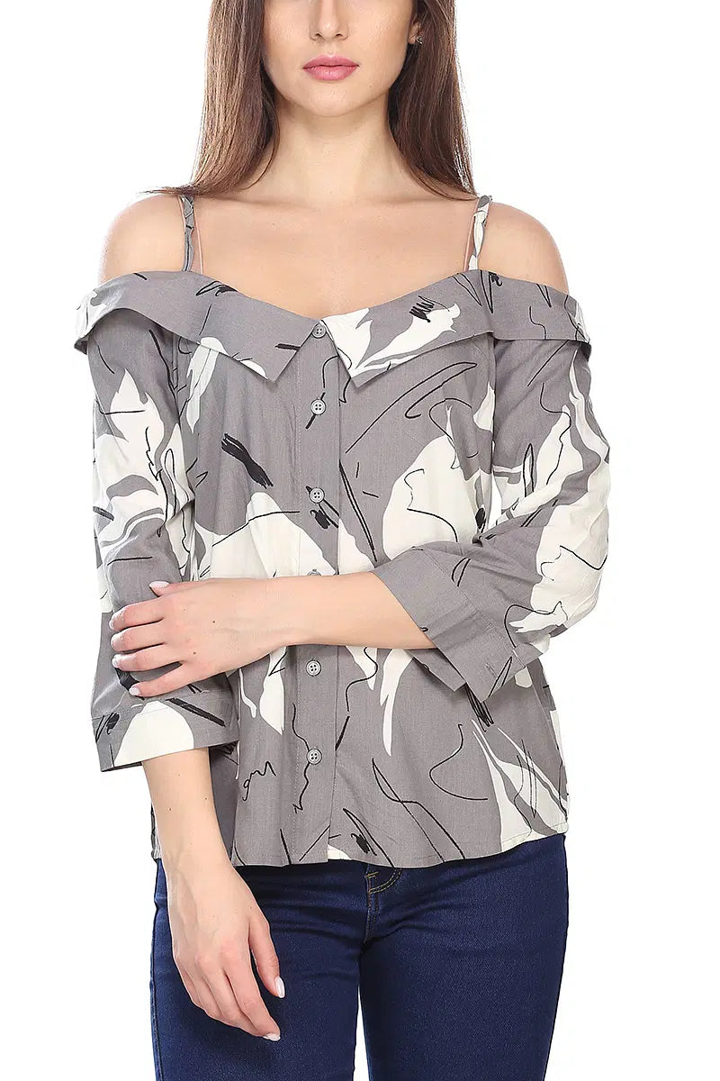 Famous Store Off Shoulder Detail Grey Abstract Printed Strappy Top