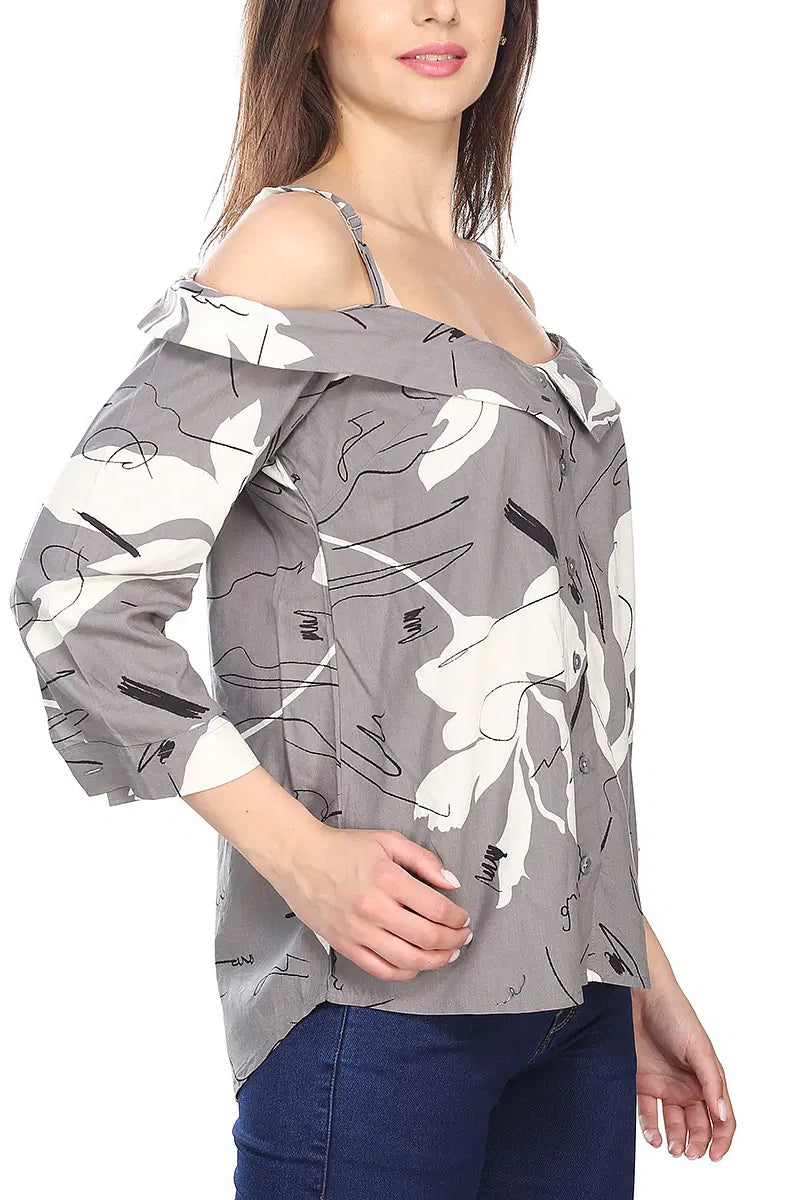 Famous Store Off Shoulder Detail Grey Abstract Printed Strappy Top