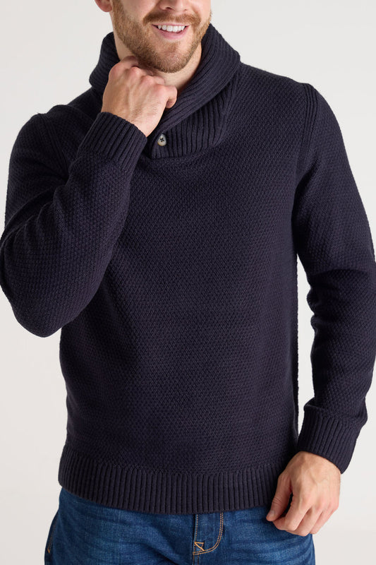 Mens Navy Plain Knitted Shawl Neck Jumper