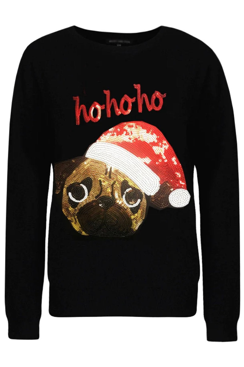 Ladies Christmas Black Pug Jumper