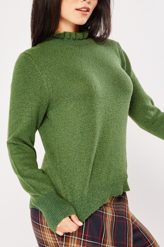 Ladies Ruched High Neck Knit Top Green