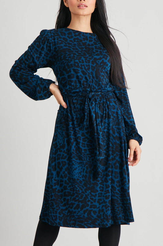 Ex-Tu Petite Teal Leopard Print Tie Belt Dress