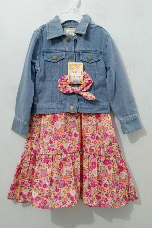 Girls Floral Red Dress, Denim Jacket & Matching Scrunchie Set (3-Piece)