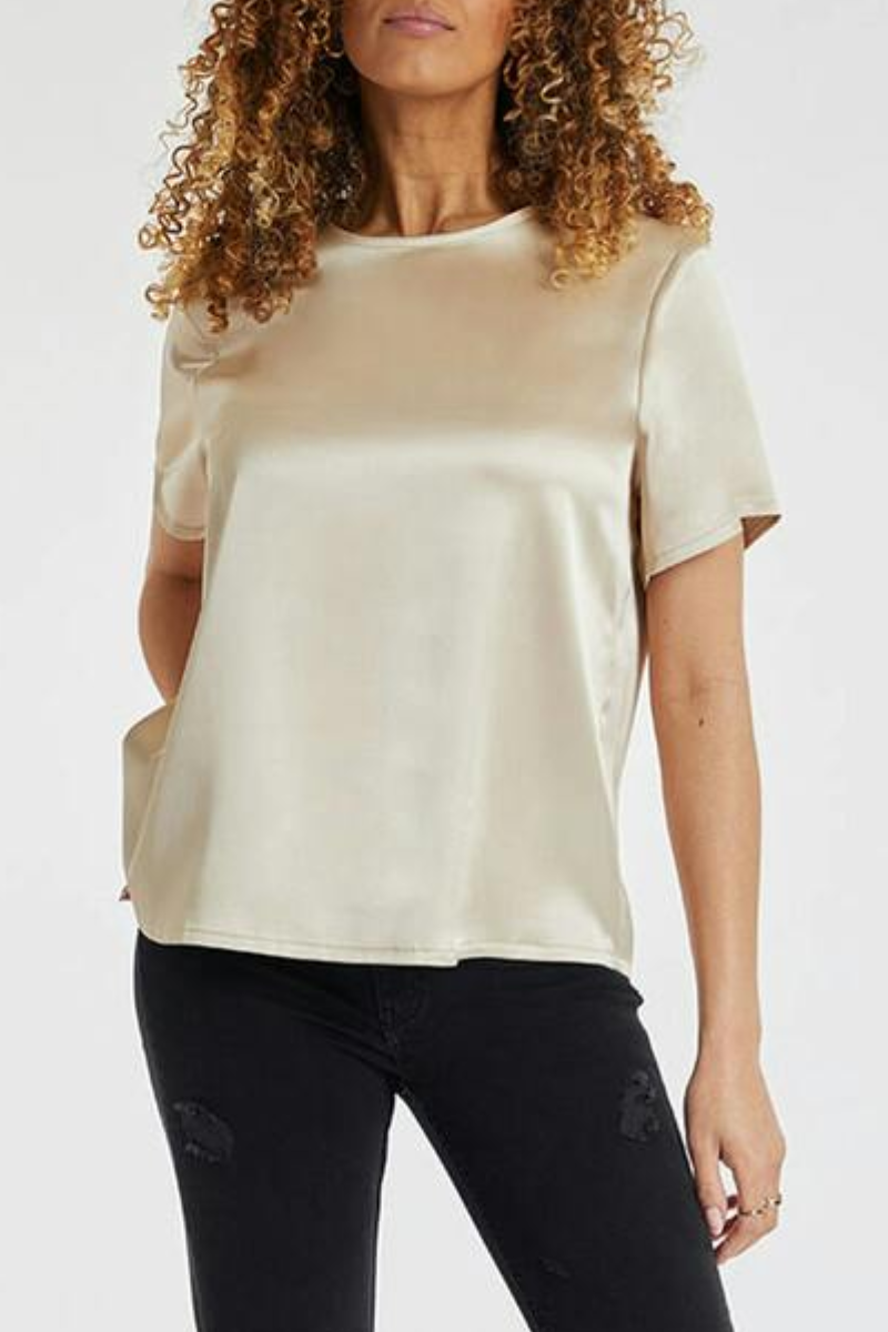 Famous Store Ladies Cream Satin Short Sleeved Top