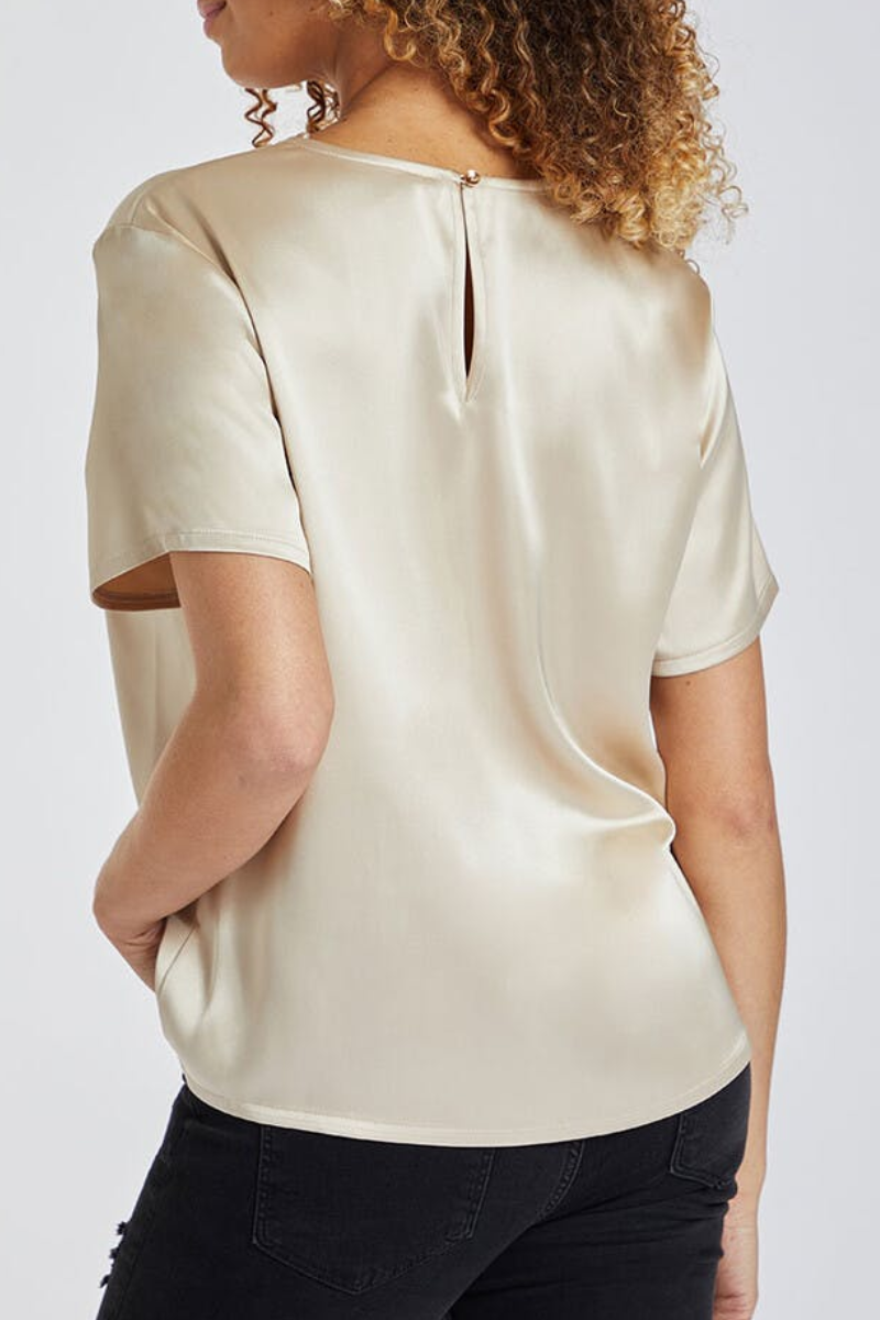 Famous Store Ladies Cream Satin Short Sleeved Top