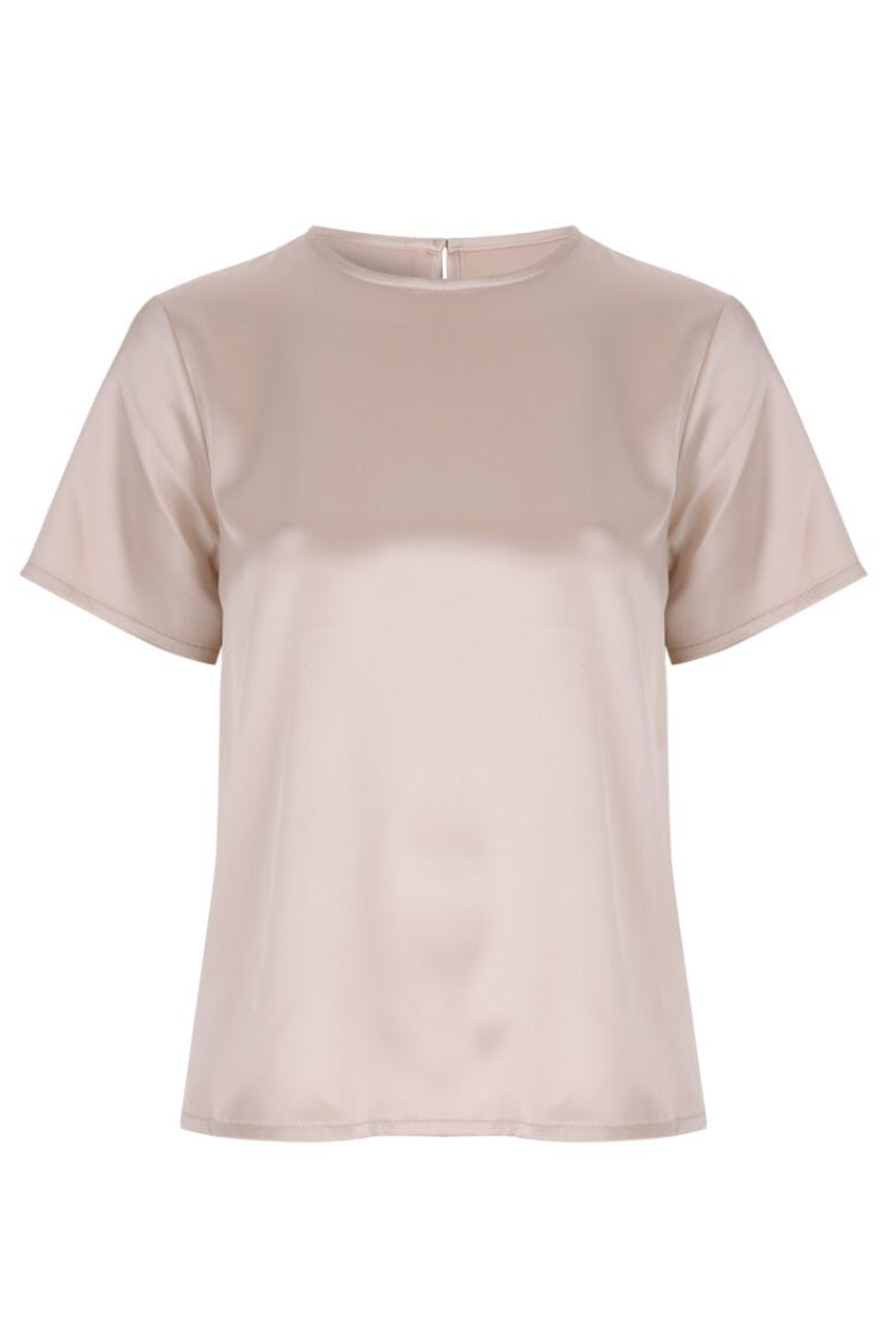 Famous Store Ladies Cream Satin Short Sleeved Top