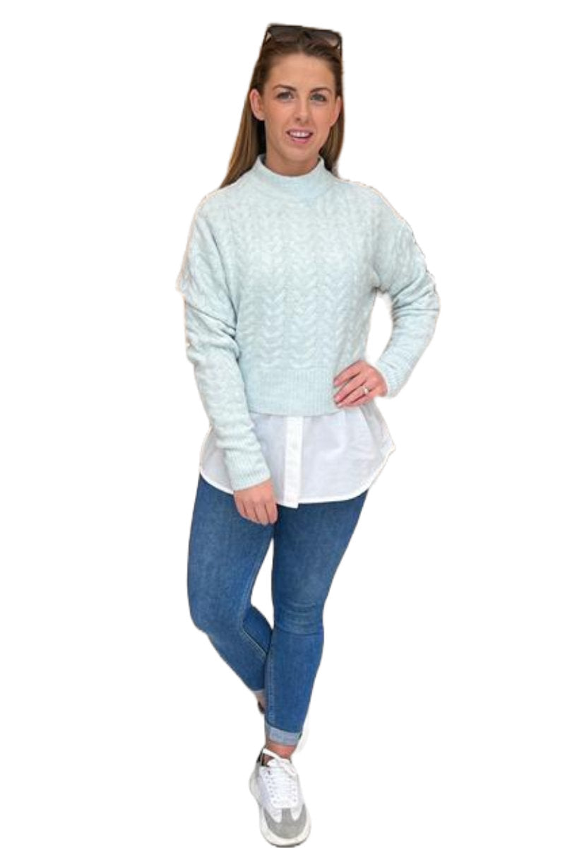 Famous Store Turtle Neck Crop Cable Jumper Light Blue